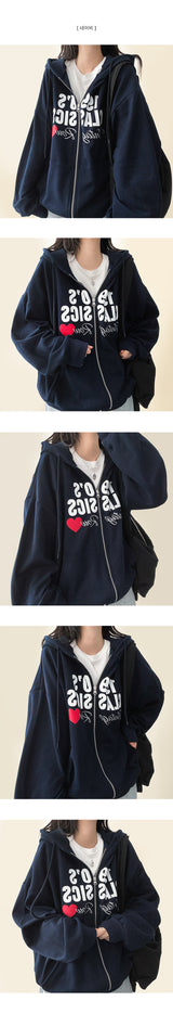 Hearts Heart Reverse Lettering Overfit Hooded Zip-Up