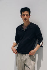Contrast ribbed henley long Sleeve(Black)