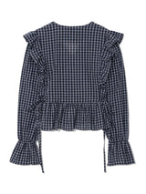 BUTTON CHECK FRILL BLOUSE(BLUE)