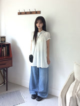 Selly Button Round Collar Puff Sleeve Frill One Piece