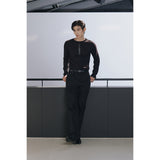 Leather ribbed henry neck long sleeves(Black)