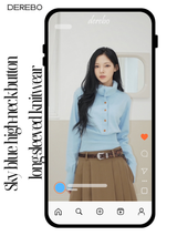 Sky blue high-neck button long-sleeved knitwear
