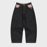 Back Maltese Embroidery Flap Denim Pants