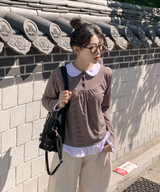 Round collar striped frill T-shirt
