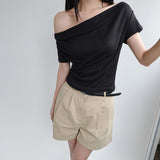 [Ahedin] Ribbed Off-Shoulder Short-Sleeve T-Shirt - 4 Colors
