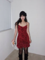 BURGUNDY ROSE FLORAL MINI DRESS