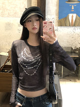 ビーズプリンテッドシースルーロングスリーブTシャツ