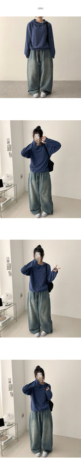 Doha Side Snap Waist Banding Balloon Wide Denim Pants