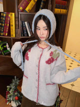 ピンクグラフニットウェアロングヘアカーディガン
