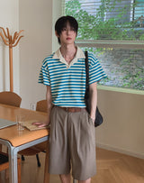Summer Terry Stripe Collared Short Sleeve Tee