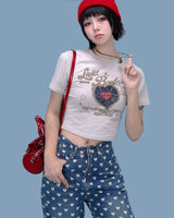 heart pattern denim pants