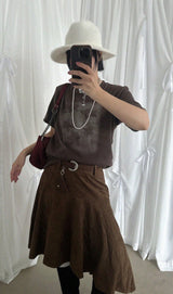 SUEDE UNBALANCE SKIRT WITH BELT SET (BROWN)