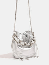 Silver woven chain bucket shoulder crossbody bag