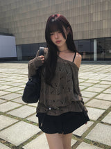 Linder Mesh See-Through Loose-Fit One-Shoulder Knit