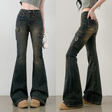Rotor high waist strap cargo bootcut washed denim pants