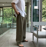 ノーメイスバックバンディングツータックリネンワイドパンツ