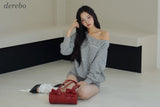 Unbalanced off-shoulder gray loose fit sweatshirt