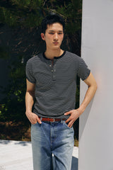 Stripe slim henley neck half t-shirts(Black)