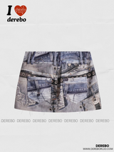 print patch denim hip skirt