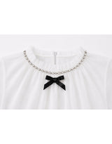 Spiral Crystal Ribbon Sheer Mock Neck Blouse White