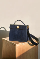 LAZEL CROC flap tote leather bag / Wani Navy