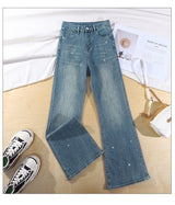 Dark Star Rhinestone Micro Flare Jeans – High Waist Relaxed Fit Wide Denim