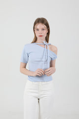 Off Shoulder Twist Half-Sleeve T-shirt Sky Blue