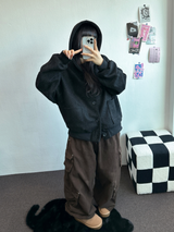 FLEECE/STRING TWO CARGO RIVET WIDE BALLOON LONG PANTS💚🤎🖤🩶4COLOR