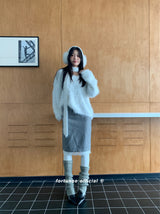 gray lace midi wool skirt