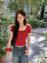 #Back Slit Square Short Sleeve Knit + Scrunchie Set (5color)