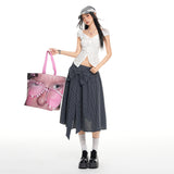 Navy Plaid Bow A-Line Midi Skirt