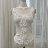 Lace frill front button ribbed sleeveless top (4 colors)