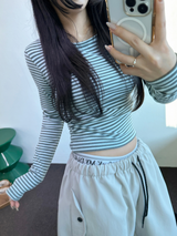 FLEECE❤SIDE SHIRRING STRIPE CROPPED LONG SLEEVE T SHIRT 🧸🤎🩶🩵3COLOR