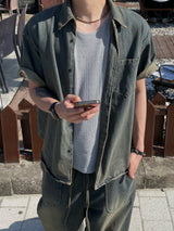 Western washed denim short-sleeve shirt
