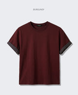 Rolled-Sleeve Cropped Short-Sleeve T-Shirt Burgundy