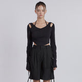 HALTER NECK SHIRRING TOP(BLACK)
