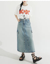 Back Slit Cargo Denim Long Skirt