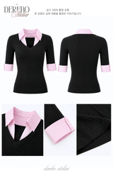 Pink black steady collar V top