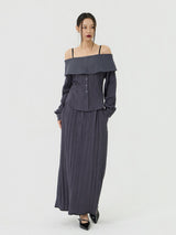Scratch Cape Off-Shoulder Belted Shirt, Charcoal