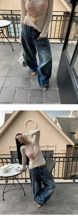 Pocket Embroidery Straight Long Denim Pants