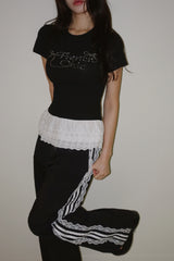 Black Lettering Beads Lace Frill Short-Sleeved T-Shirt