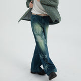 Cotton fountain pattern burnout contrast color washed straight jeans trousers