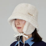 VARZAR Safety Pin Sherpa Fur Flap Bucket Hat / Ivory
