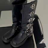Six buckle belt long worker leather boots