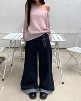 Mije Non-Fade Roll-Up Pocket Wide Denim Long Pants