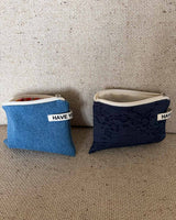 Denim & flower flat pouch - blue , M size