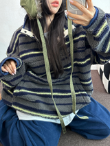 ストライプフリースワンサイドストリングアノラックニットスウェット 💙🩶🧡3COLOR