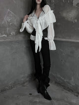 シフォンラッフルVネックシアーブラウス (2color)