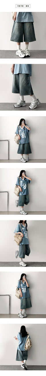 Shumi waistband denim wide Bermuda shorts [Short & basic choice]