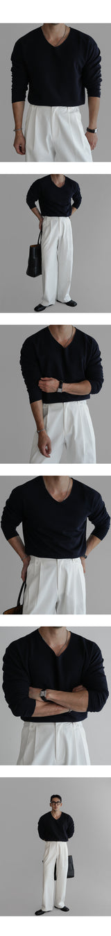 VネックベーシックニットTシャツ [Navy]